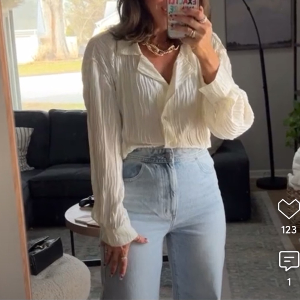 Cream Pleated Button Down Shirt